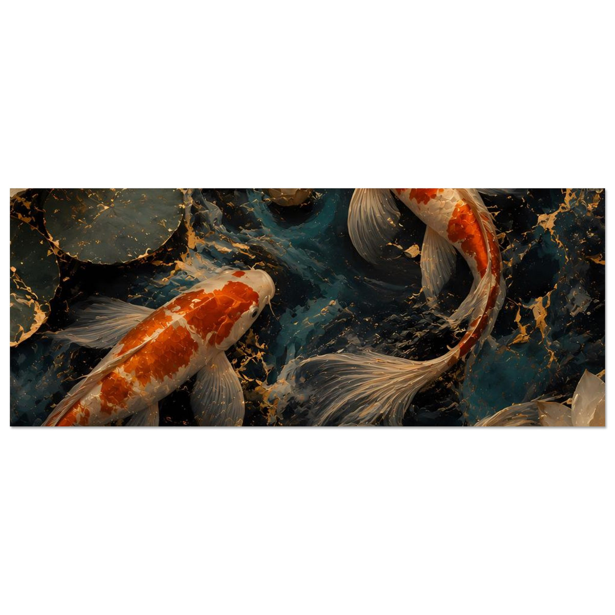 Horizontales Poster mit Koi-Fischen im Teich, orange-weiße und silbergraue Fische, Goldakzente