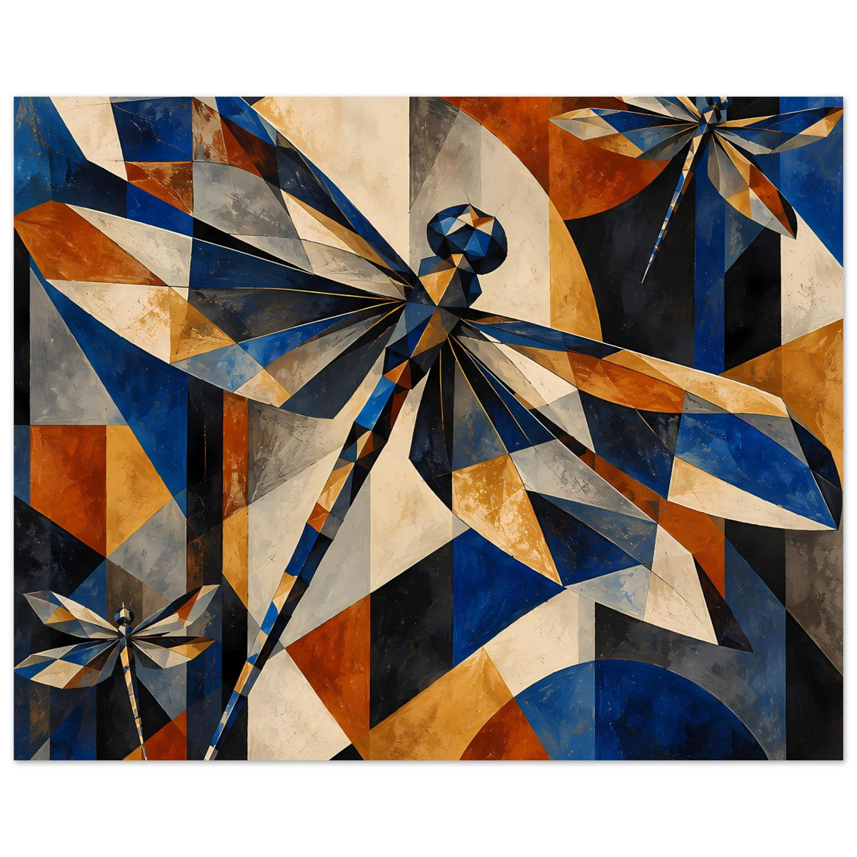 Kunstposter: geometrische Libellen-Optik mit Dreiecken, in Blau, Kupfer und Beige