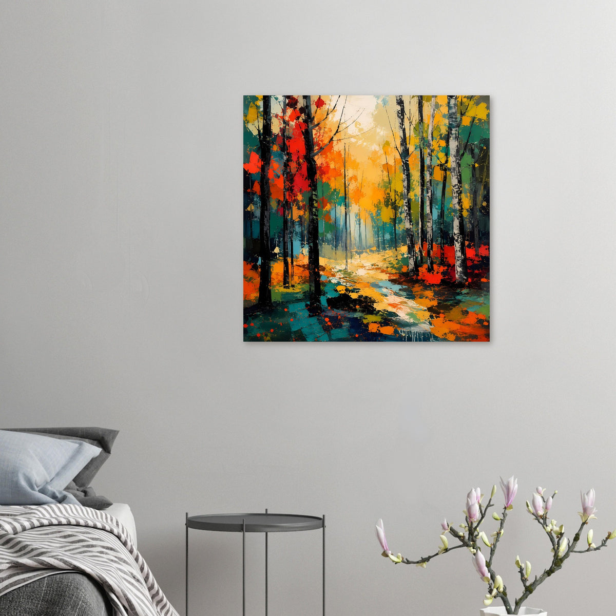 Herbstwald-Poster als kleiner Druck: farbiger Waldweg und bunte, dunkel konturierte Bäume