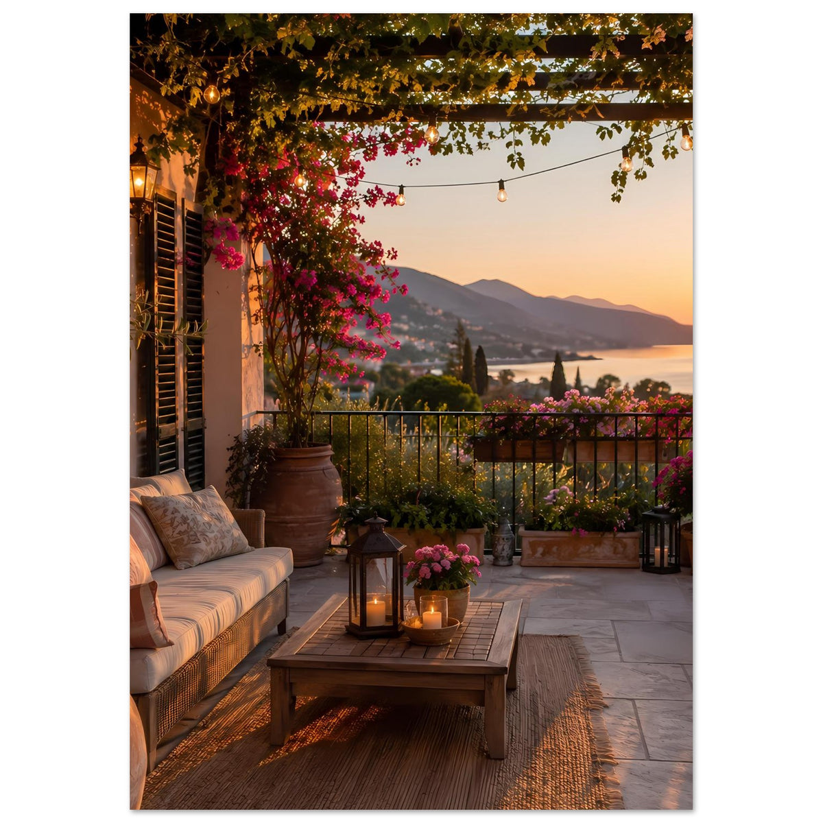 Poster mit Balkon und Lichterkette: Sonnenuntergang, Blüten und Laterne