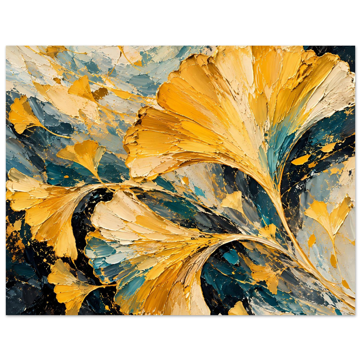 Abstraktes Gingko-Blatt Poster mit gold-orangenen Strukturen und tealblauen Pinselverläufen