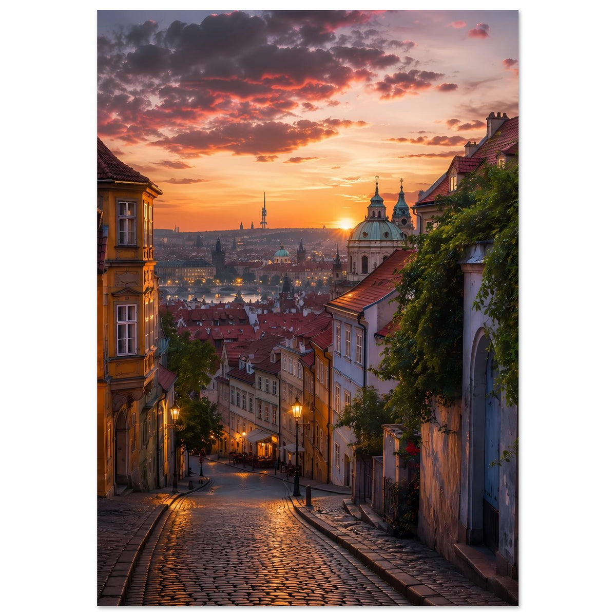 Stadtlandschafts-Poster im Hochformat mit Altstadtgasse, Laternen und Sonnenuntergang über der Stadt