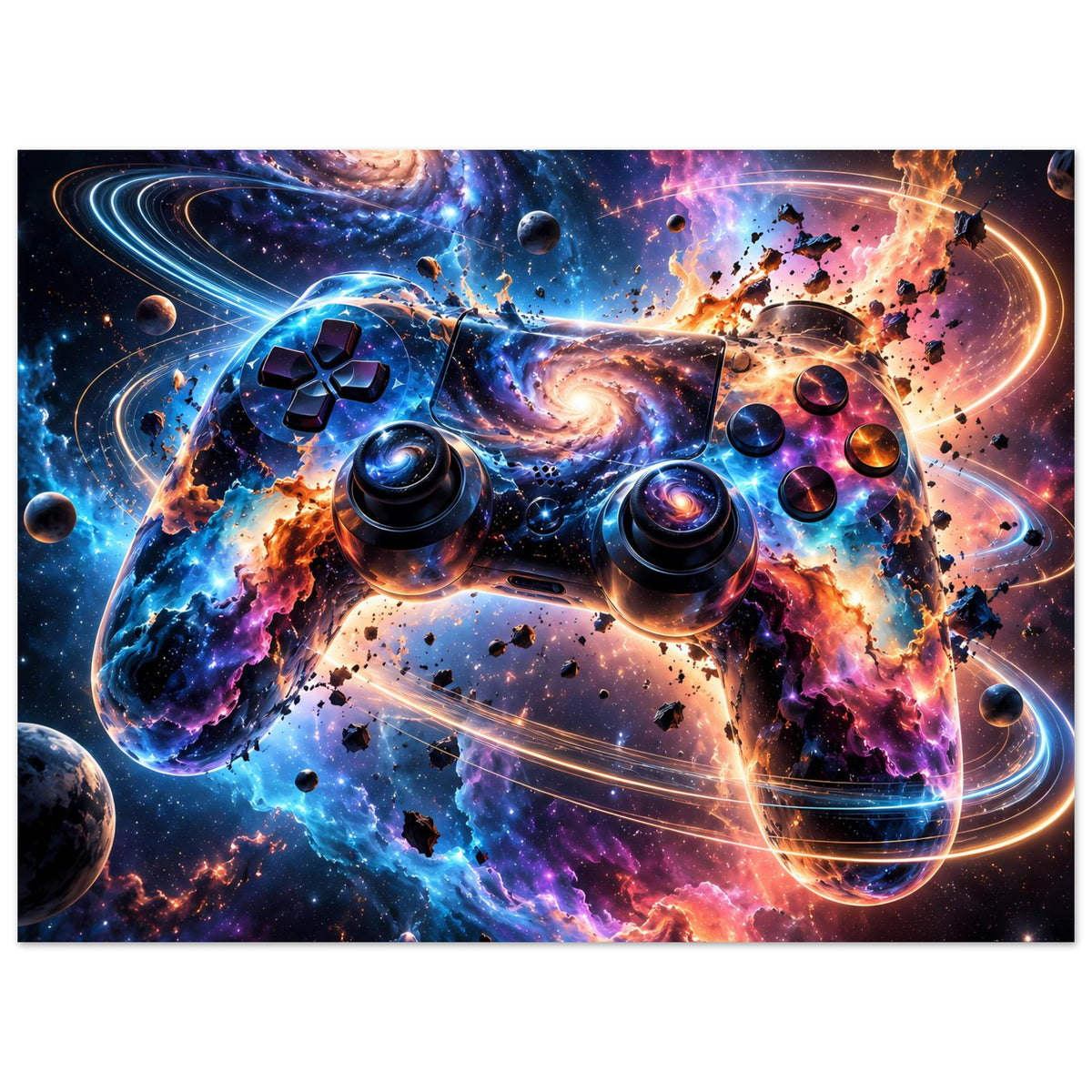 Gaming-Controller-Poster mit Galaxie-Motiv: Controller, Planeten und leuchtende Ringe, Querformat