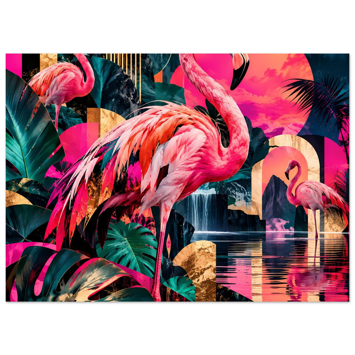 Querformat-Poster mit Flamingos, Palmen und geometrischen Flächen in kräftigen Farben