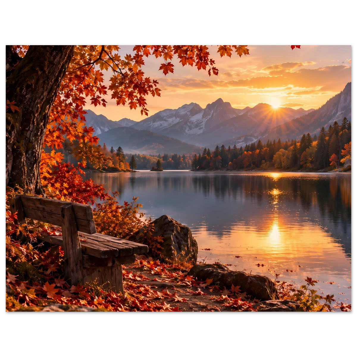 Herbstlandschafts-Poster: Bank am Ufer, Berge und Sonne spiegeln sich im See