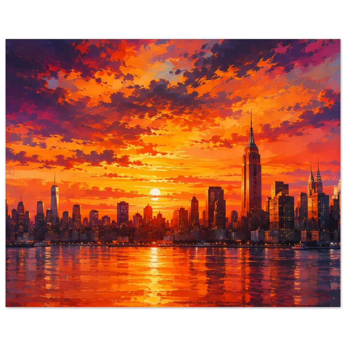 Stadtlandschafts-Poster im Querformat mit farbigem Himmel, Skyline und Sonnenreflex im Wasser