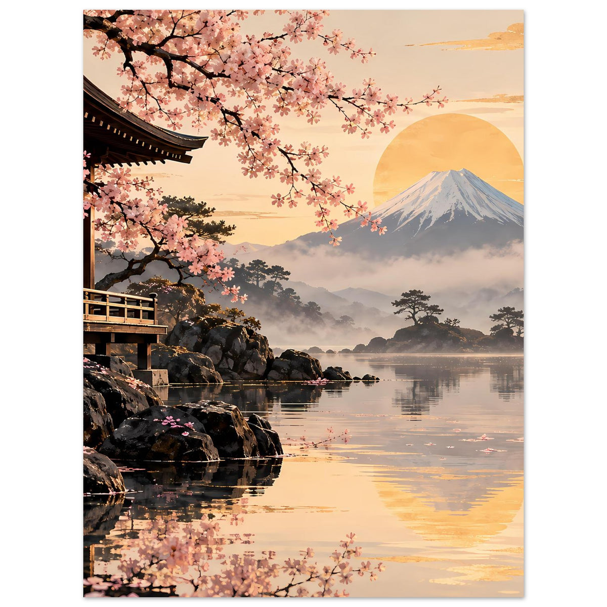 Sakura-Poster mit Pagode am See, Kirschblütenzweigen und Fuji im goldenen Sonnenuntergang.