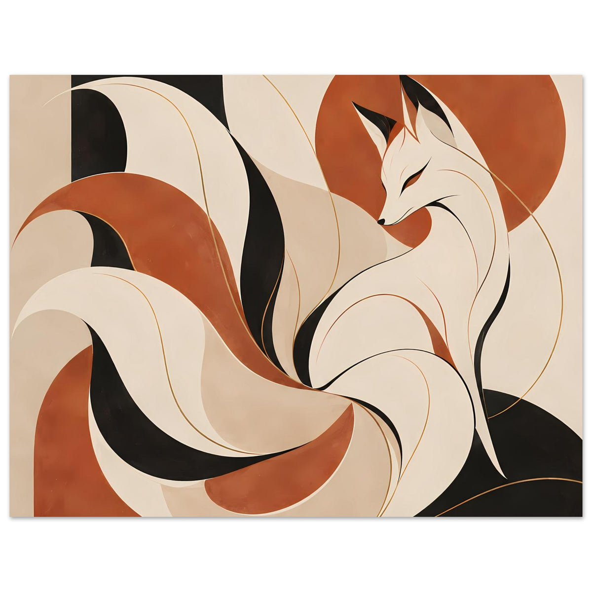 Japanisches Poster mit Kitsune-Fuchsgeist, neun Schweifen und warmen Erdtönen im Querformat