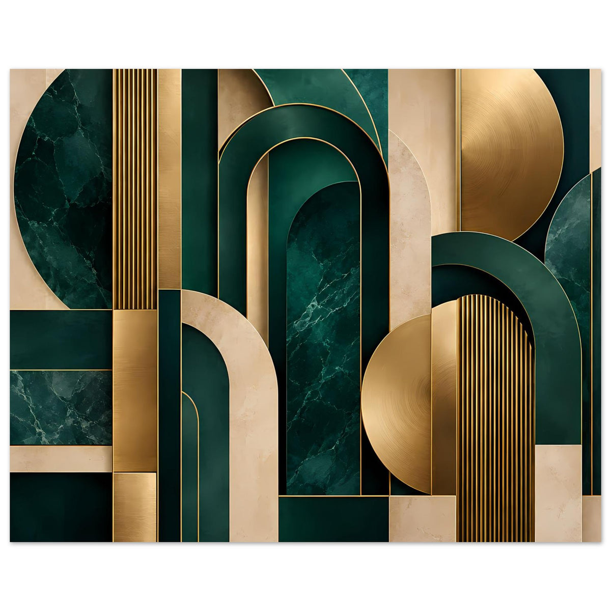 Horizontales Art-Deco Poster mit runden Goldbögen und dunklen Grünflächen, klar geometrisch