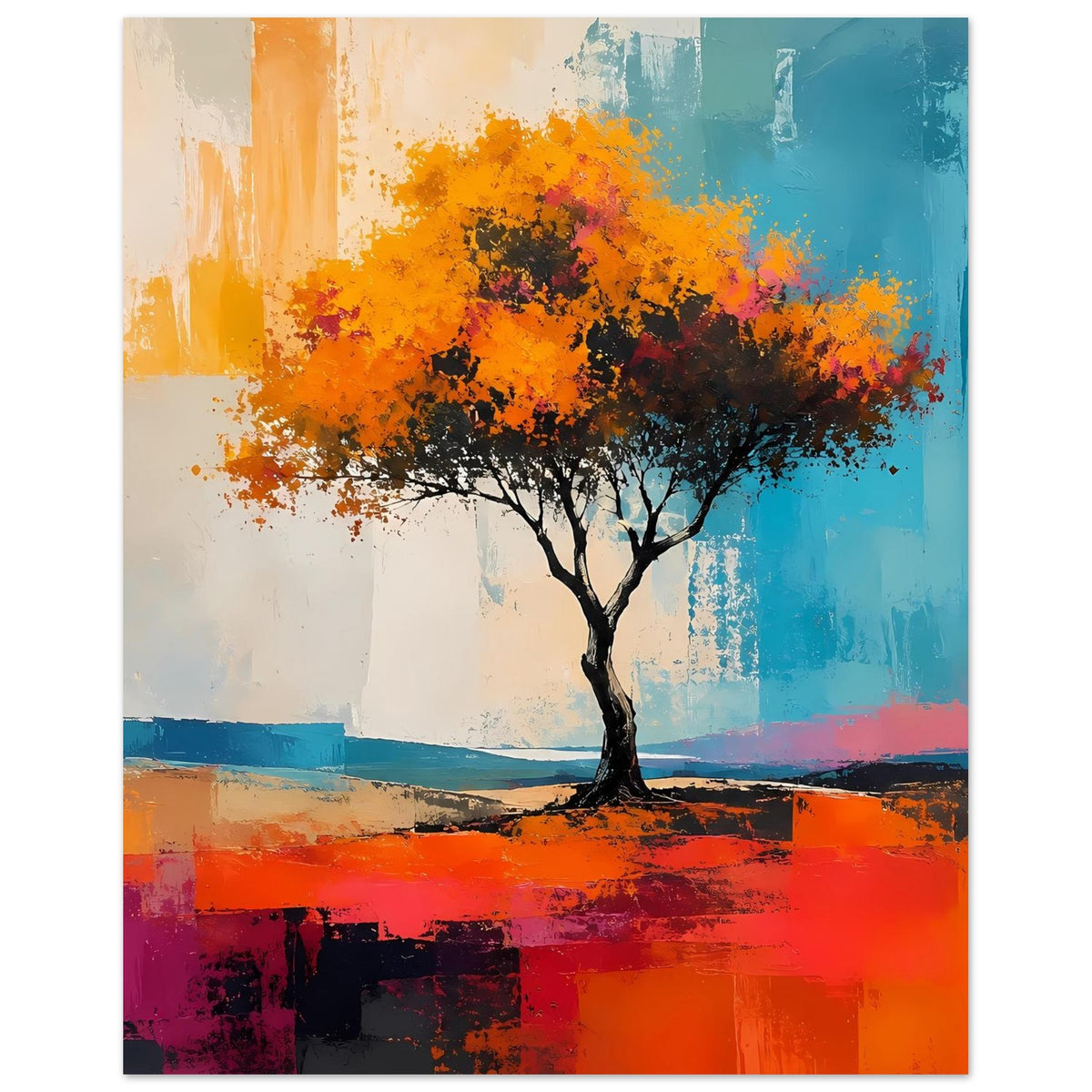 Abstraktes Poster mit Baummotiv, orange Krone und türkis Akzente