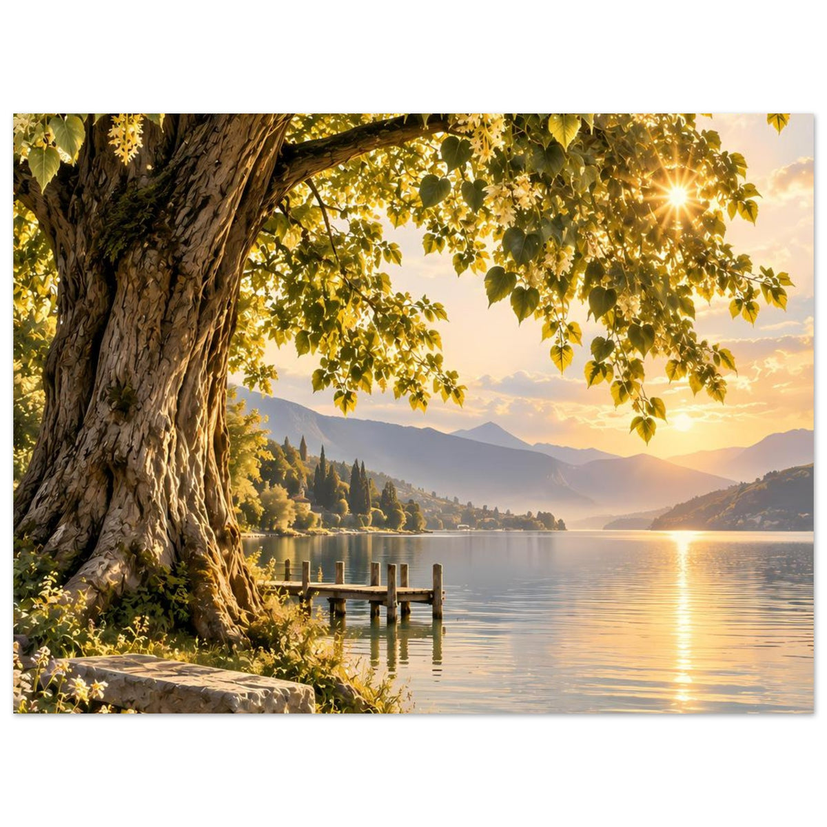 Poster mit Baumstamm, Blätterdach, Holzsteg und ruhigem See bei goldenem Abendhimmel