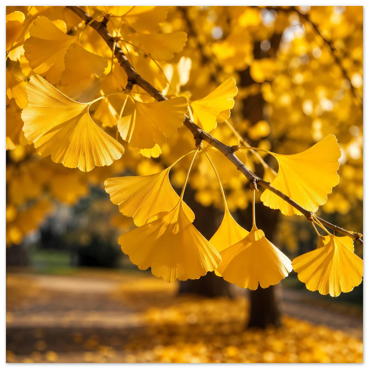 Poster mit goldenen Ginkgo-Blättern an einem Ast, gelber Herbst-Look