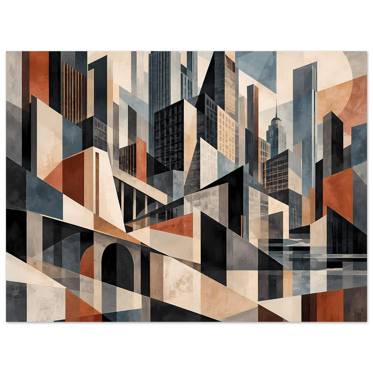 Architekturposter im Querformat: abstrakte Stadtsilhouette aus Rechtecken in Blau und Erdtönen