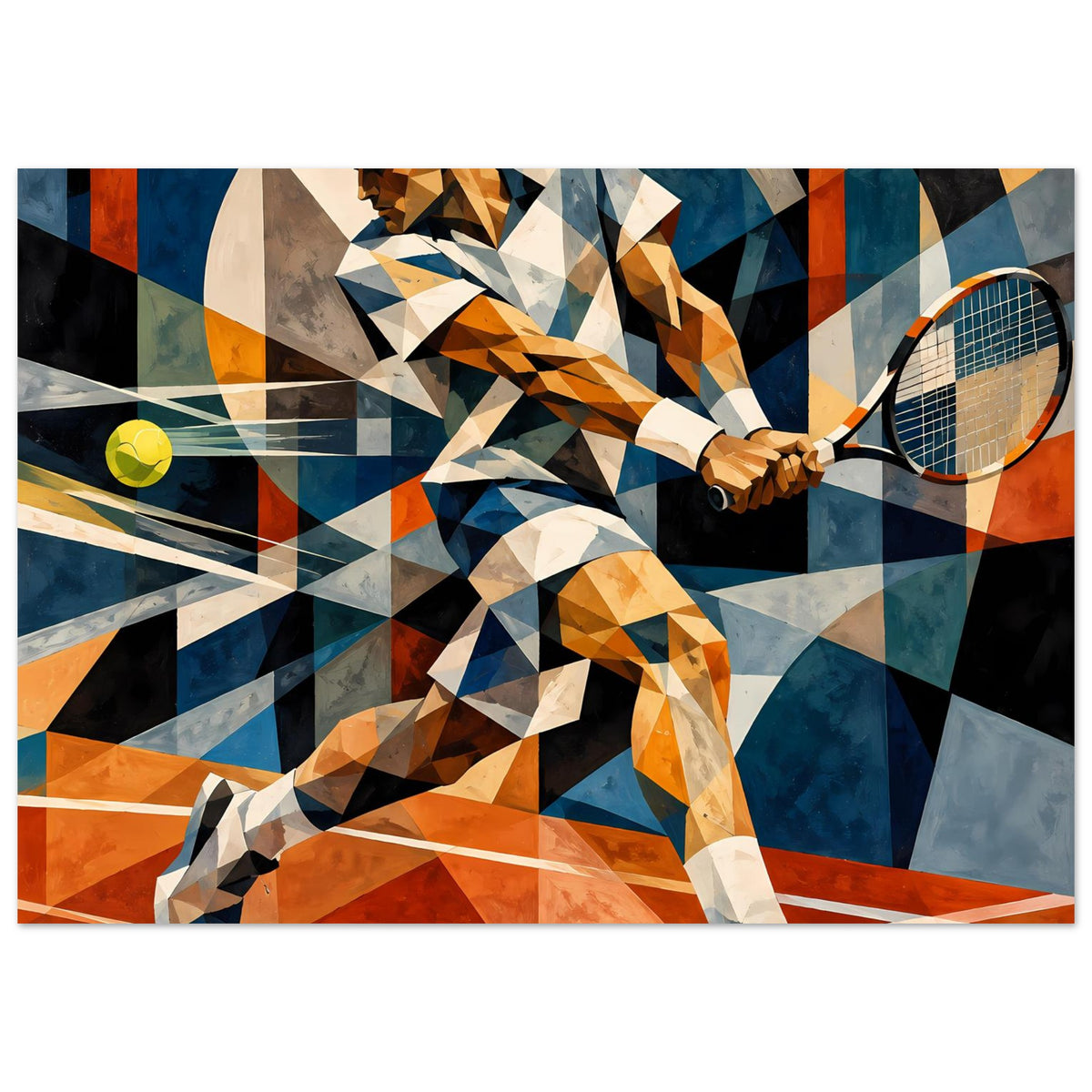 Horizontales Kunst-Poster mit abstrakter Tennisfigur und Schläger, orange-blaue Geometrie