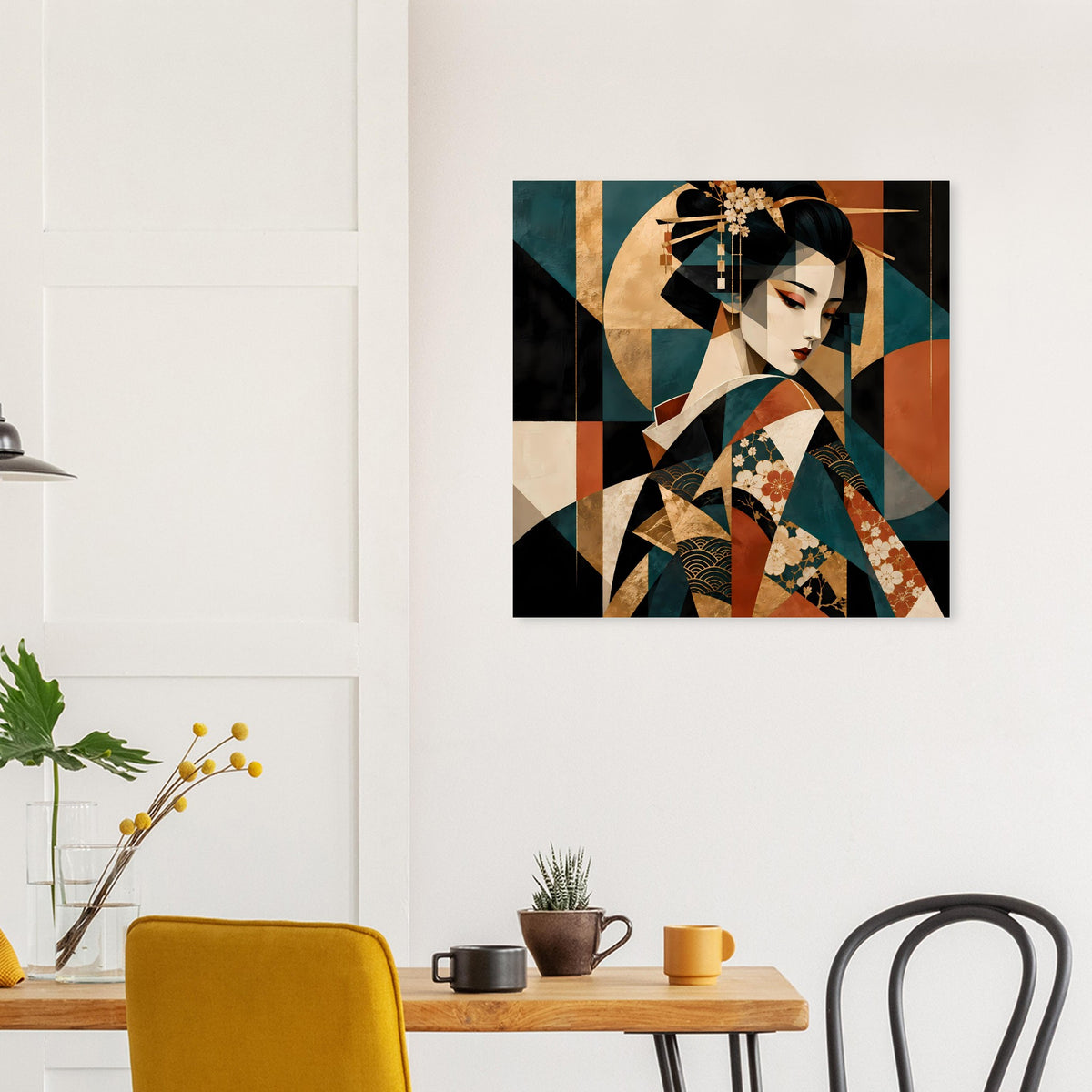 Quadratisches Kunstposter mit Geisha-Porträt, Gold-, Türkis- und Rottöne, geometrische Flächen.