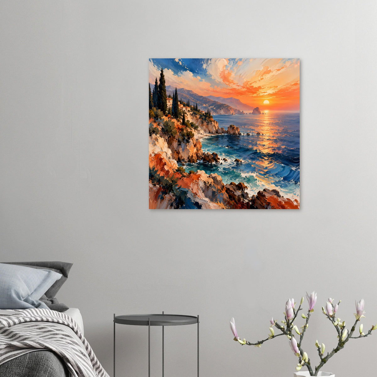 Poster: Sonnenuntergang an der Küste mit Klippen, Häusern und Meerwellen