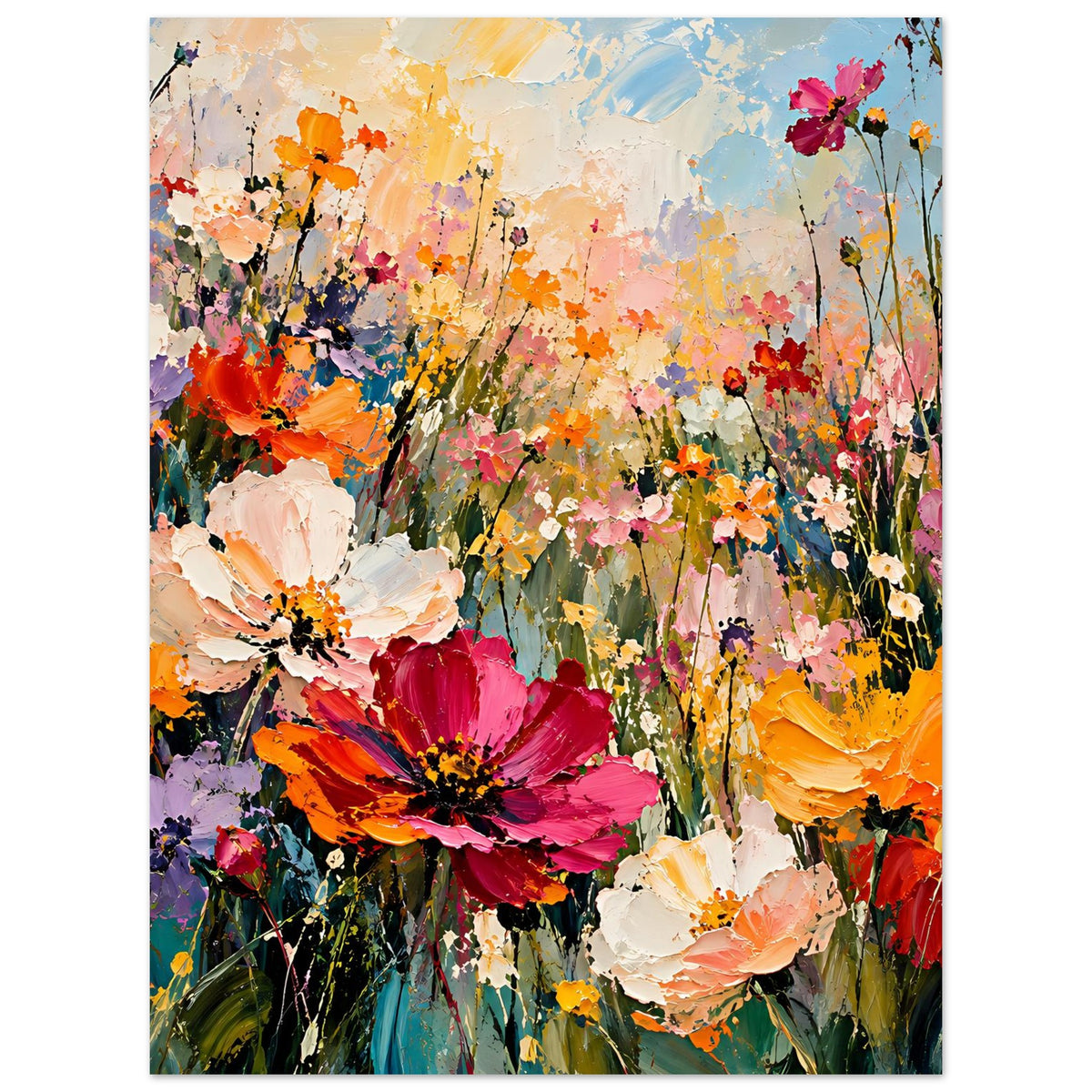 Blumenposter: vielfältige Farbblüten mit Pinselstrich-Optik, Akzente in Orange und Magenta