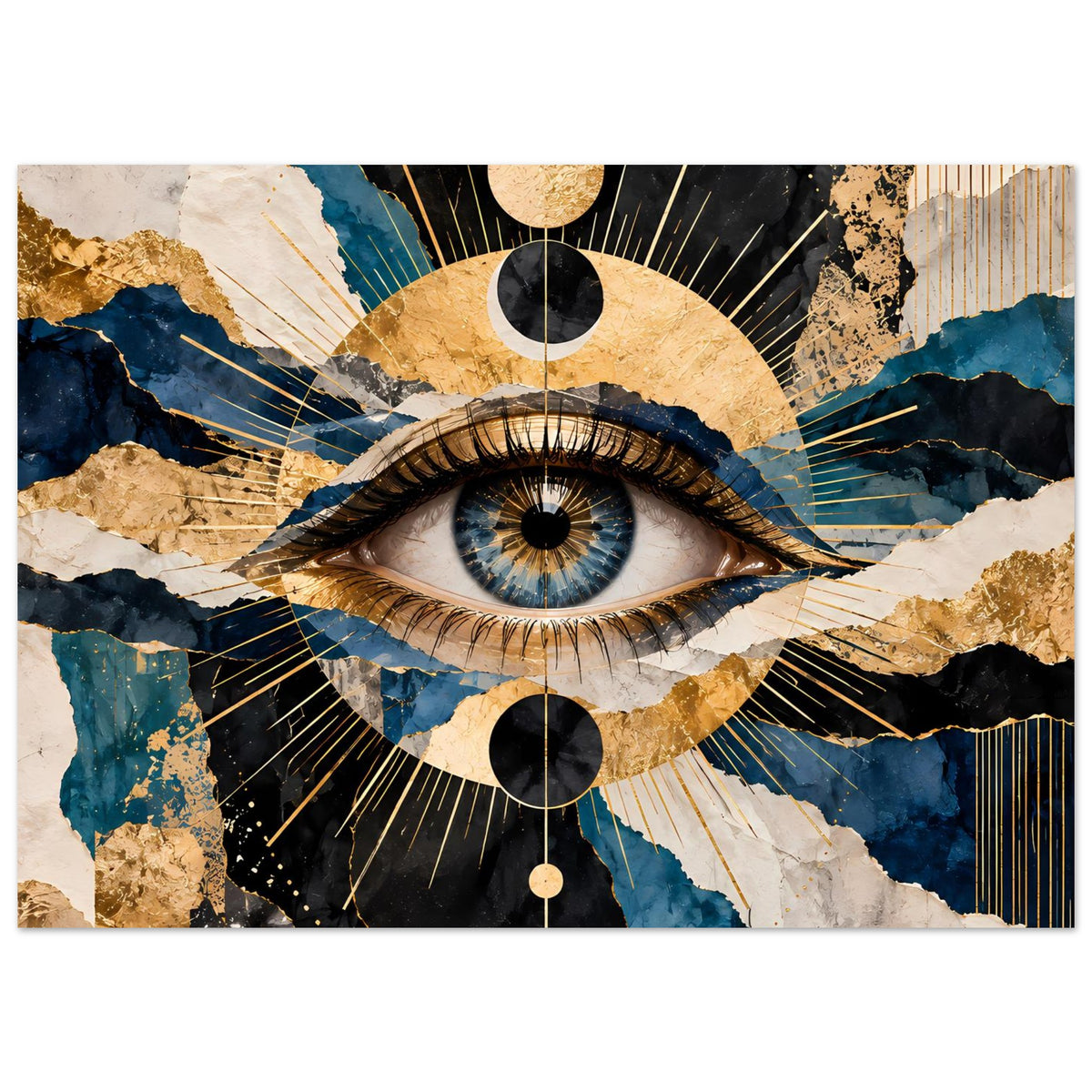Horizontales Kunstposter: Auge mit goldenen Kreisen, Blau- und Goldakzenten, abstrakte Linien