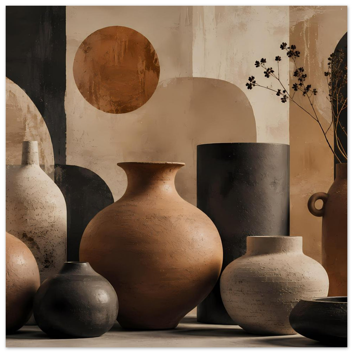 Gerahmter Posterdruck mit Keramikvase-Arrangements, Terrakotta, Beige und dunklen Akzenten.