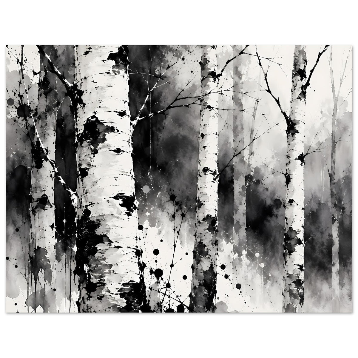 Querformat Wandposter Birkenwald monochrom, Äste überlagert mit Sprühdekor
