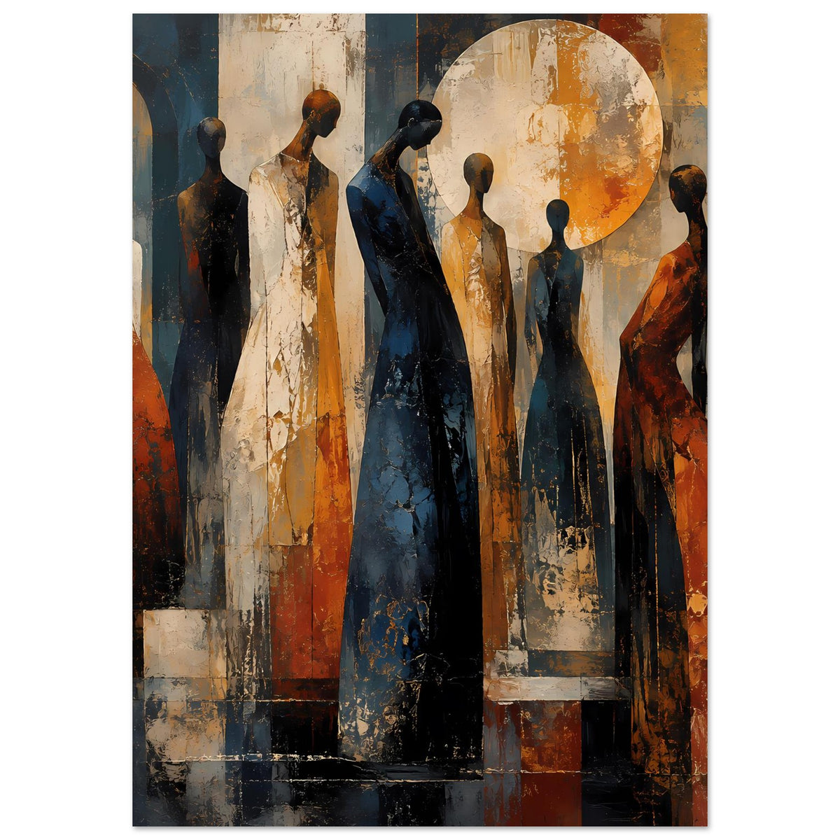 Hochformat-Wandposter mit abstrakten Personenfiguren, warm-orangefarbene Bereiche