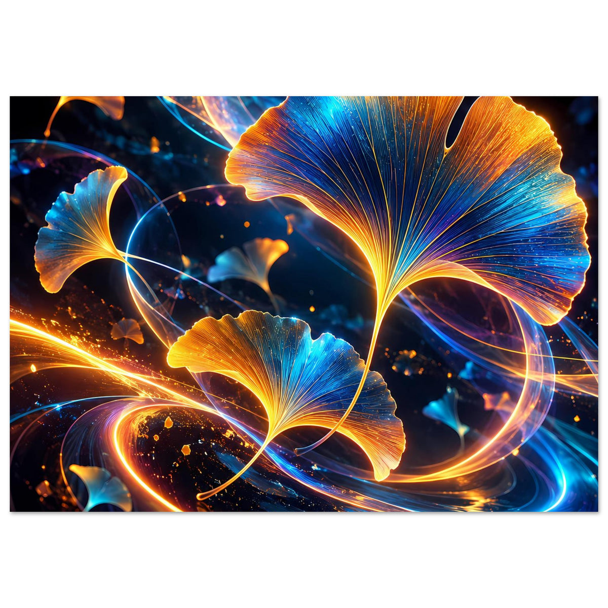 Breites Poster: Ginkgo-Blätter in Blau und Gold mit Lichtkreisen, schwarzer Rand