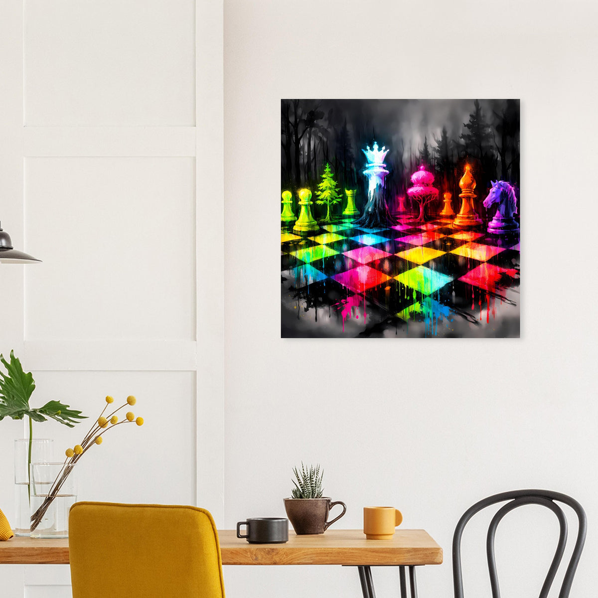 Quadratisches Schachspiel-Poster mit farbigen Neon-Schachfiguren und Reflexen auf dem Boden