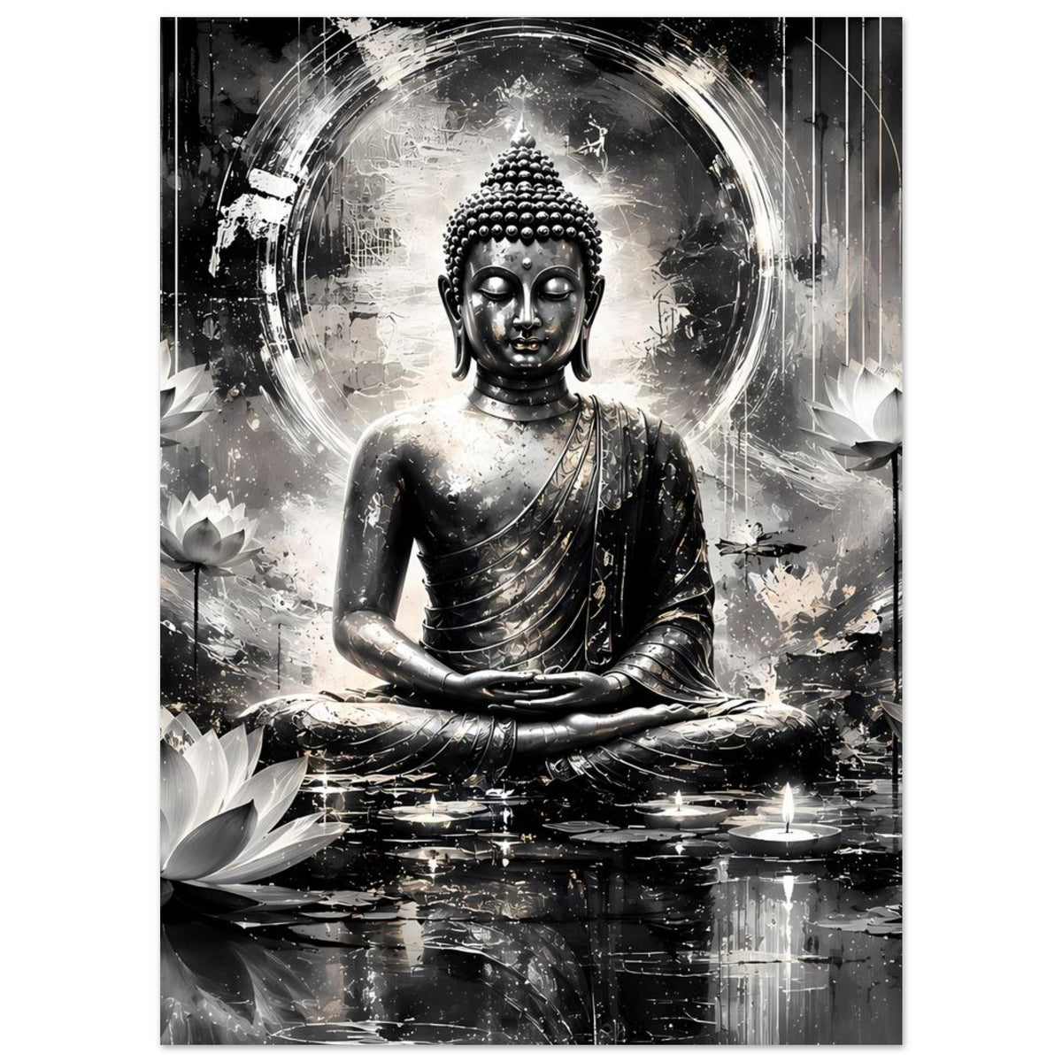 Vertikales Kunstposter mit Buddha in Schwarzweiß, runder Lichtaura, Lotusblüten links und rechts