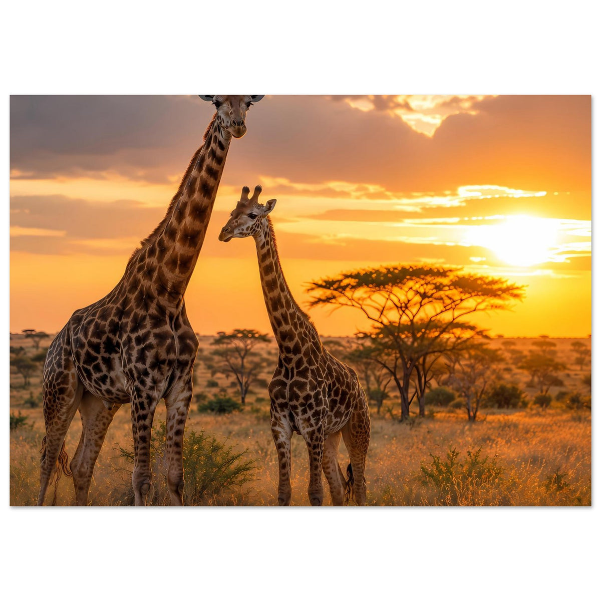 Poster mit drei Giraffen im Sonnenuntergang, breitformatig