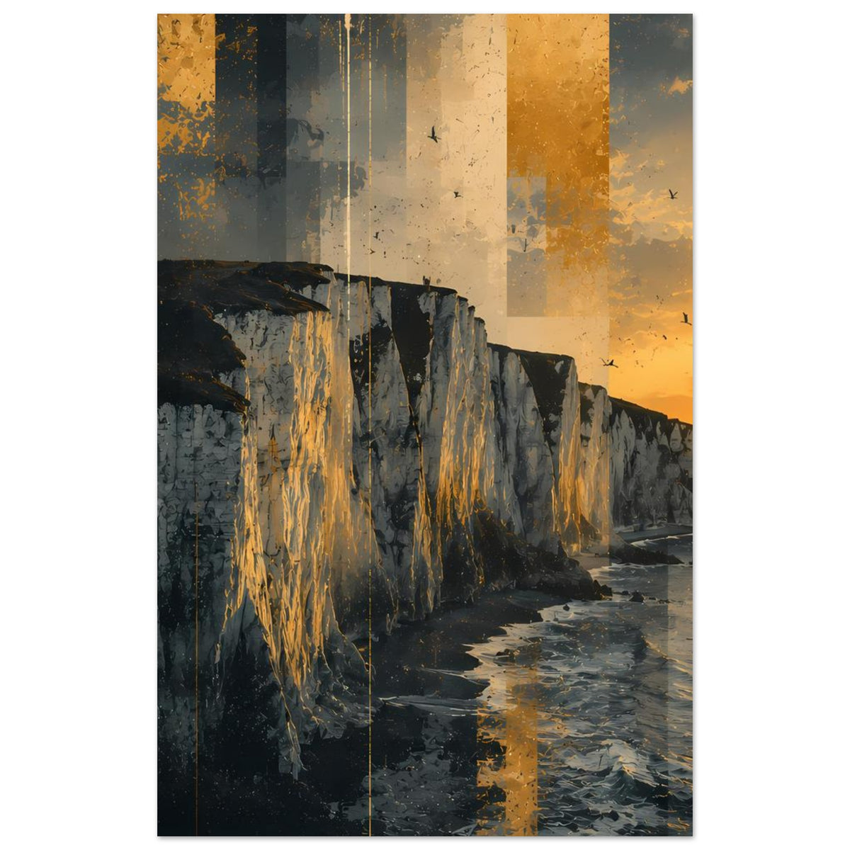 Vertikales Poster mit Küstenklippen, goldenem Licht und Blick auf das Meer