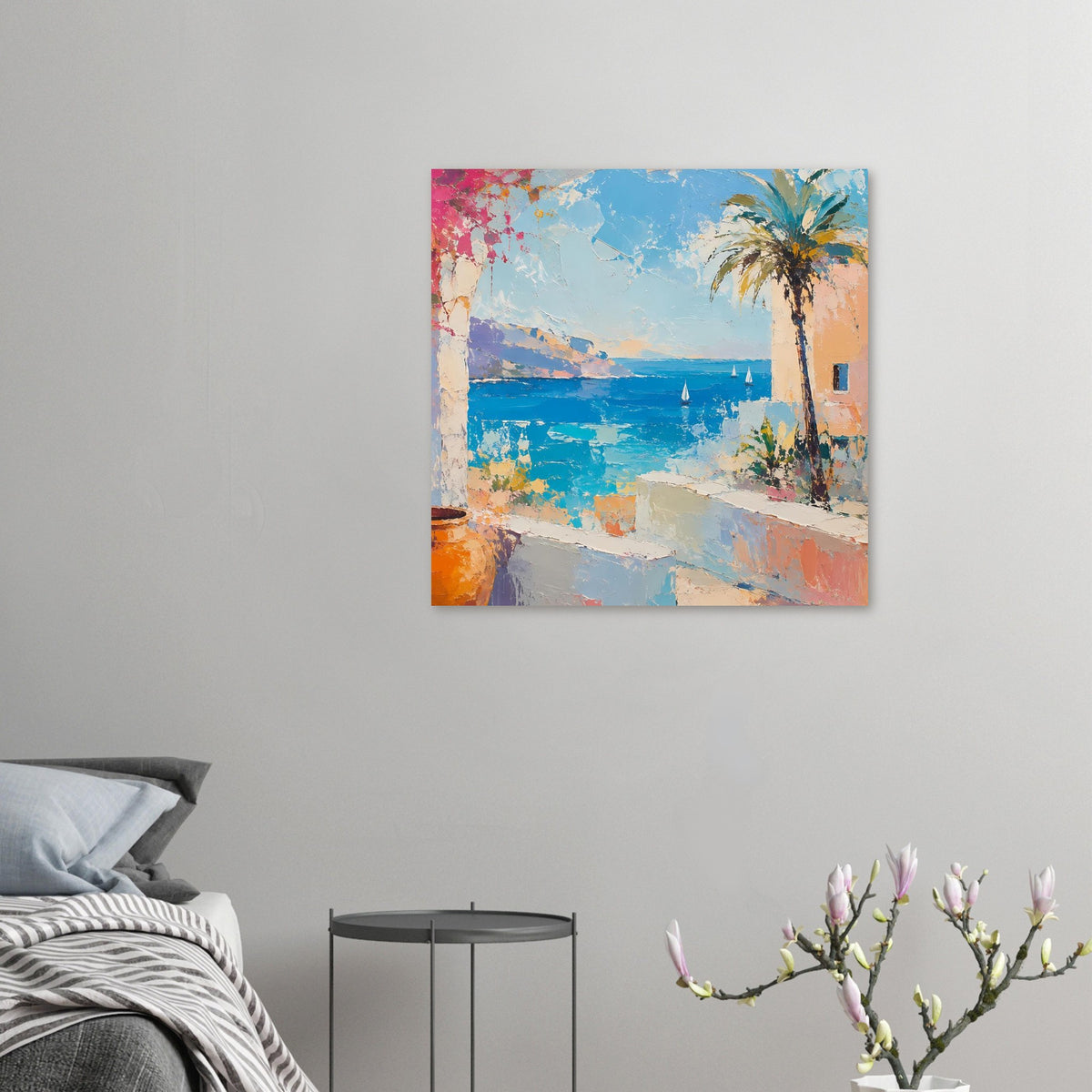 Kleines Sommerposter im Raum: Meeresbucht mit Palme und Segelbooten