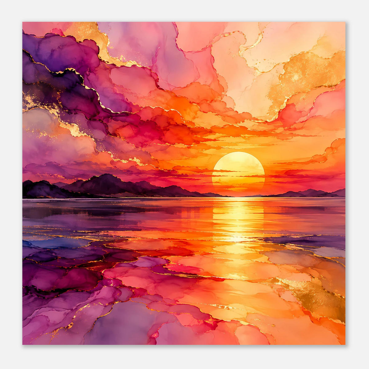 Sonnenuntergangs-Poster mit kontrastreichen violetten und orangefarbenen Wolken über Wasser