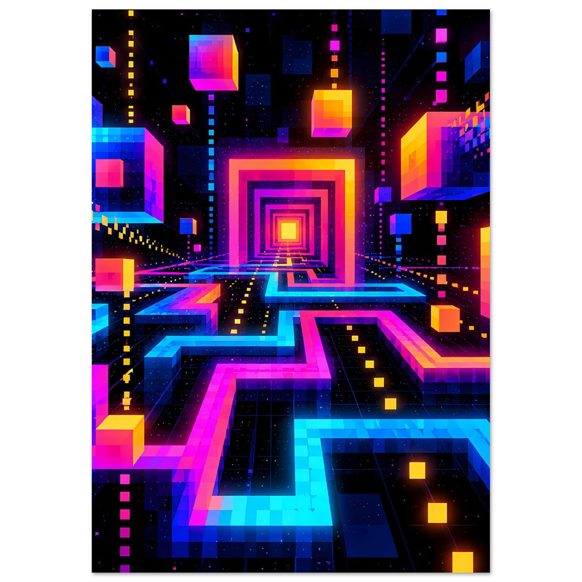 Neon-Labyrinth-Science-Fiction-Poster im Hochformat mit mehrfarbigen Würfeln und leuchtender Mitte