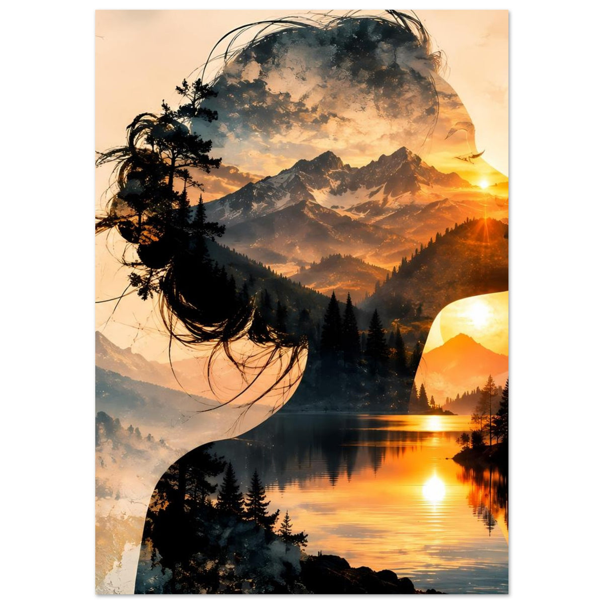 Hochformat-Poster mit Frauensilhouette, Bergsee bei Sonnenuntergang und Spiegelbild