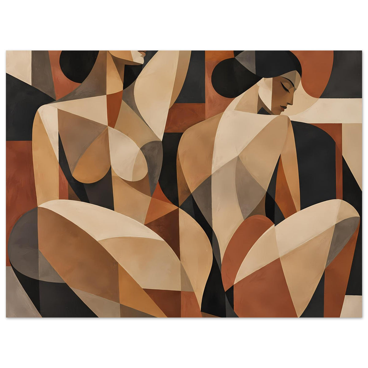 Abstraktes Poster, Nahansicht: zwei Kubismus-Frauen, Erdtöne und große geometrische Formen