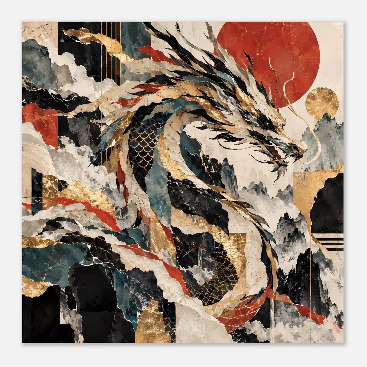 Drachen-Poster im Rahmen, abstraktes Motiv, rot-schwarz-blau mit Golddetails, querformat