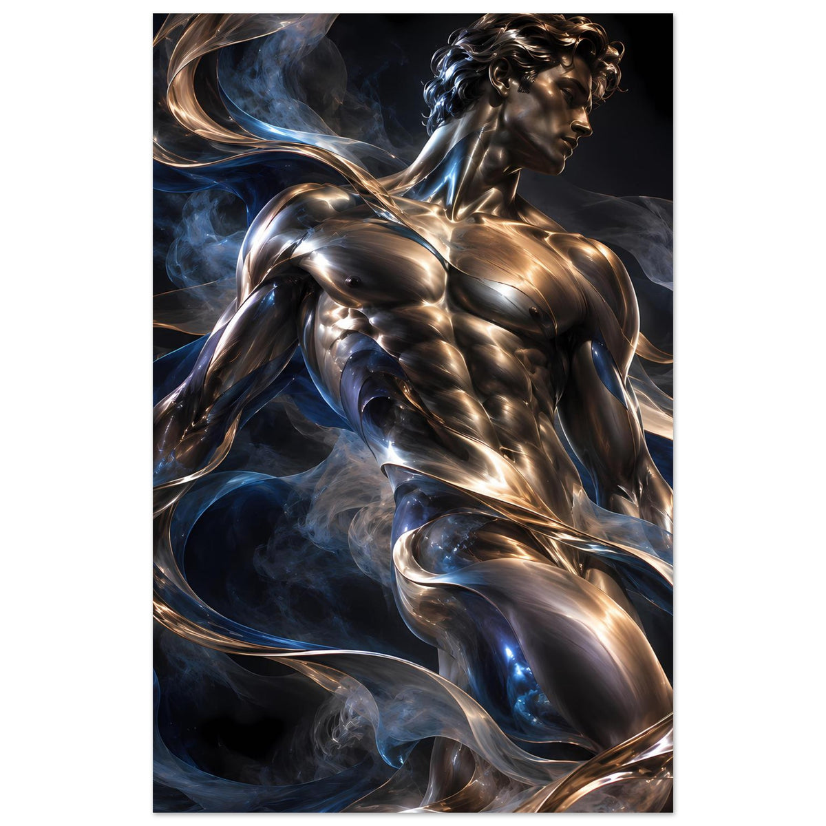Vertikales Poster: abstrakte Metallfigur im Seitenprofil, goldene Konturen, blauer Nebel