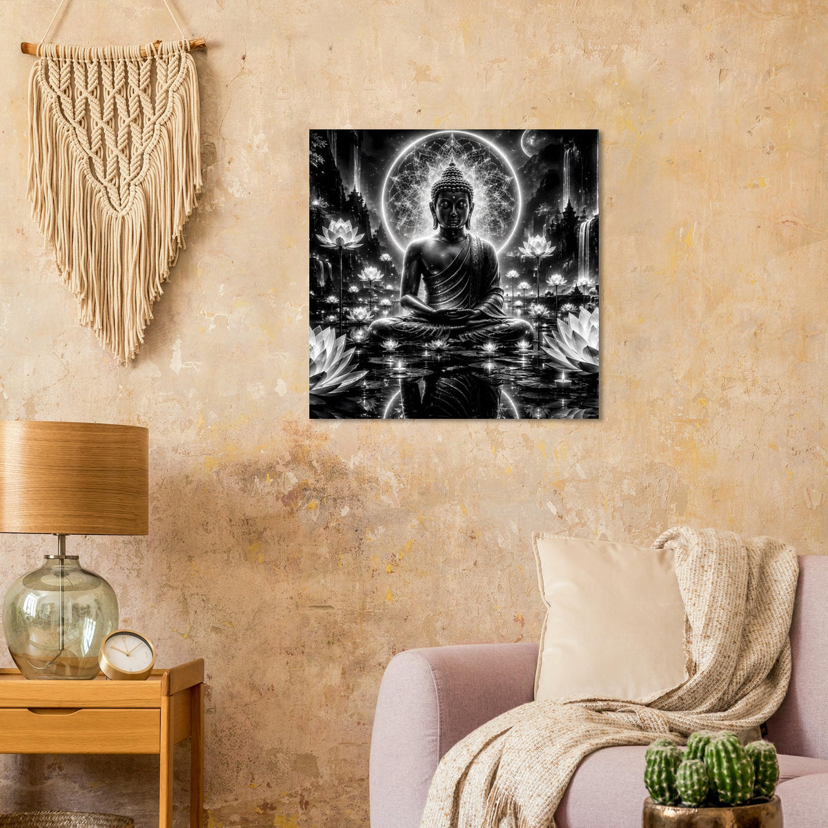 Buddha-Poster Schwarzweiß: sitzende Figur im Kreis-Halo, umgeben von Lichtreflexen