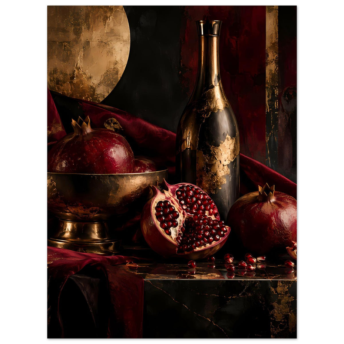 Poster mit Granatäpfeln, goldener Schale und gealterter Flasche vor rotem Stoff
