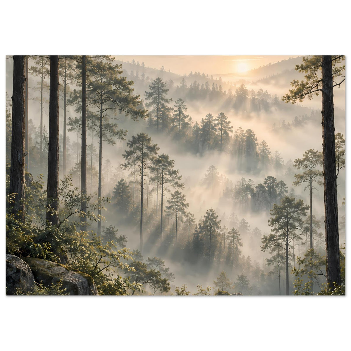 Wandposter mit Waldlandschaft im Morgendunst, schlanken Bäumen und goldenem Sonnenaufgang