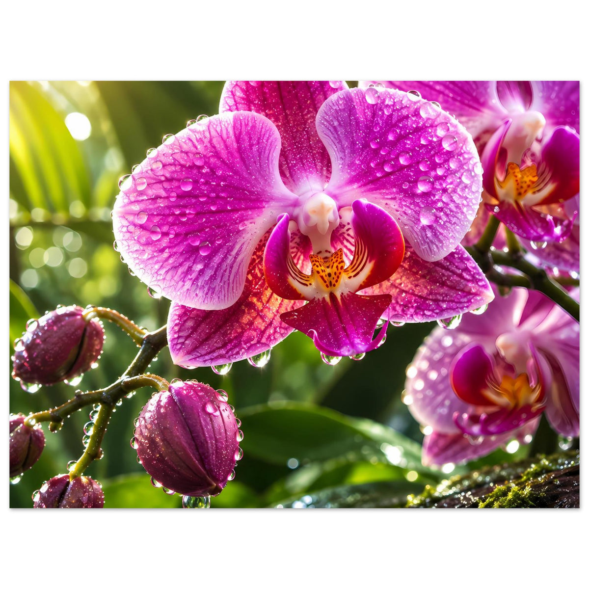Poster mit pinken Orchideenblüten und glitzernden Wassertropfen auf Grün