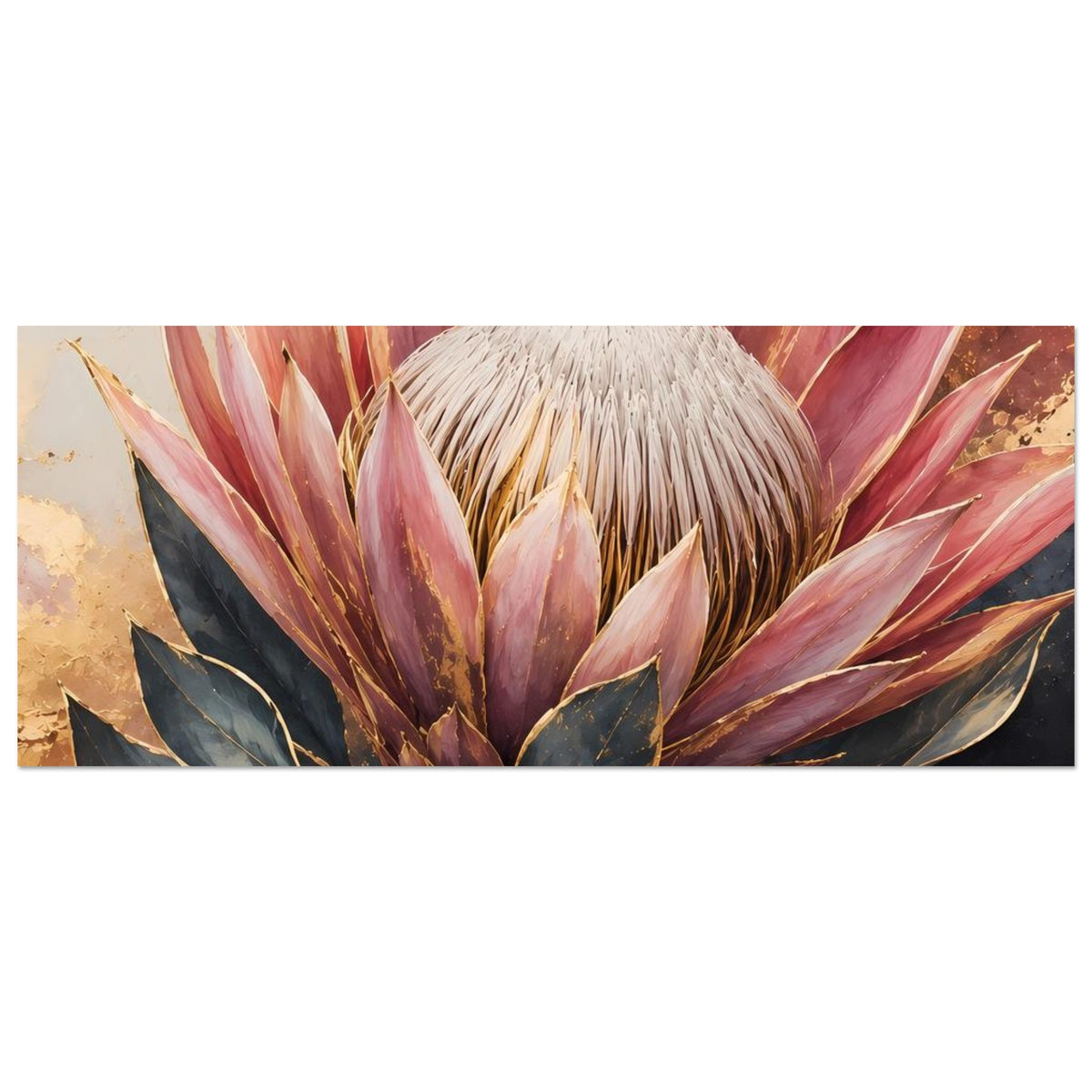Anschnitt des botanischen Posters mit Königsprotea-Blütenbüschel in Altrosa und Gold.