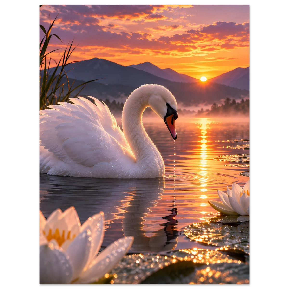 Poster mit weißem Schwan am Seeufer, Seerosen im Vordergrund und Sonnenuntergang