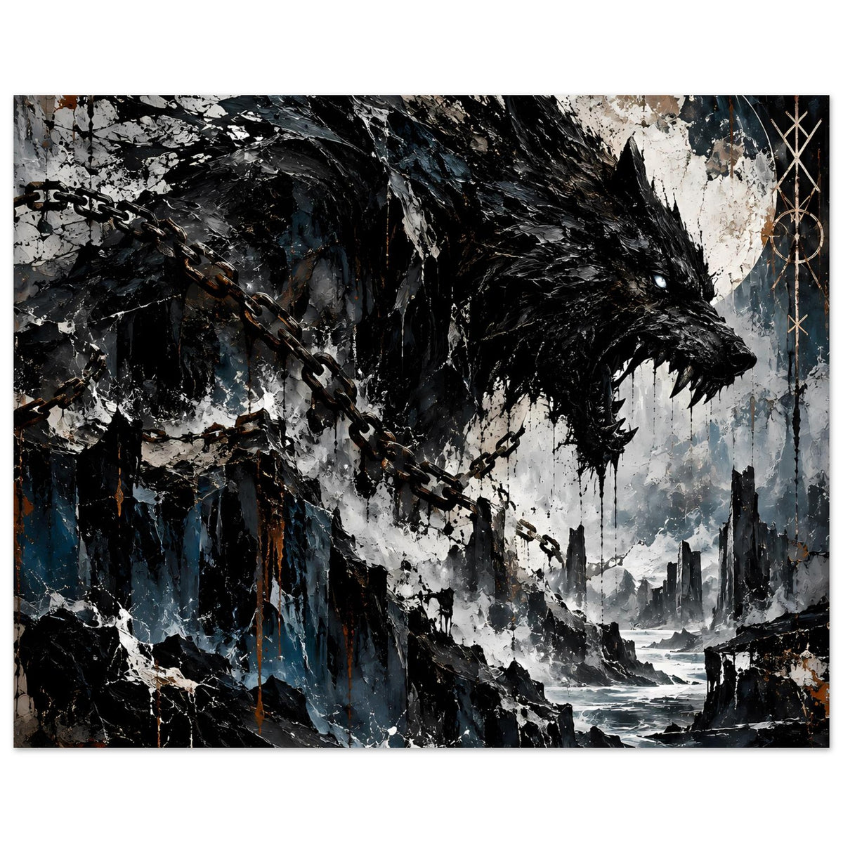 Wandposter mit dunklem Wolfsmotiv, Kettenkettengliedern und Mond über der See
