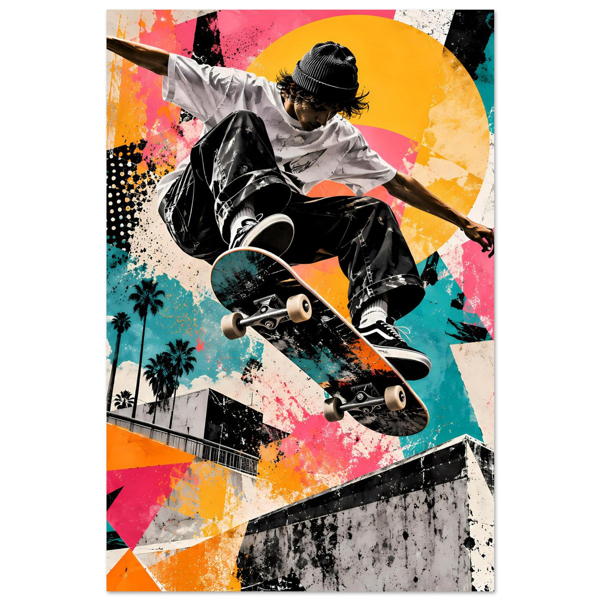 Street-Art-Poster im Hochformat: Skateboarder, Neonring im Hintergrund und farbiges Collage-Design