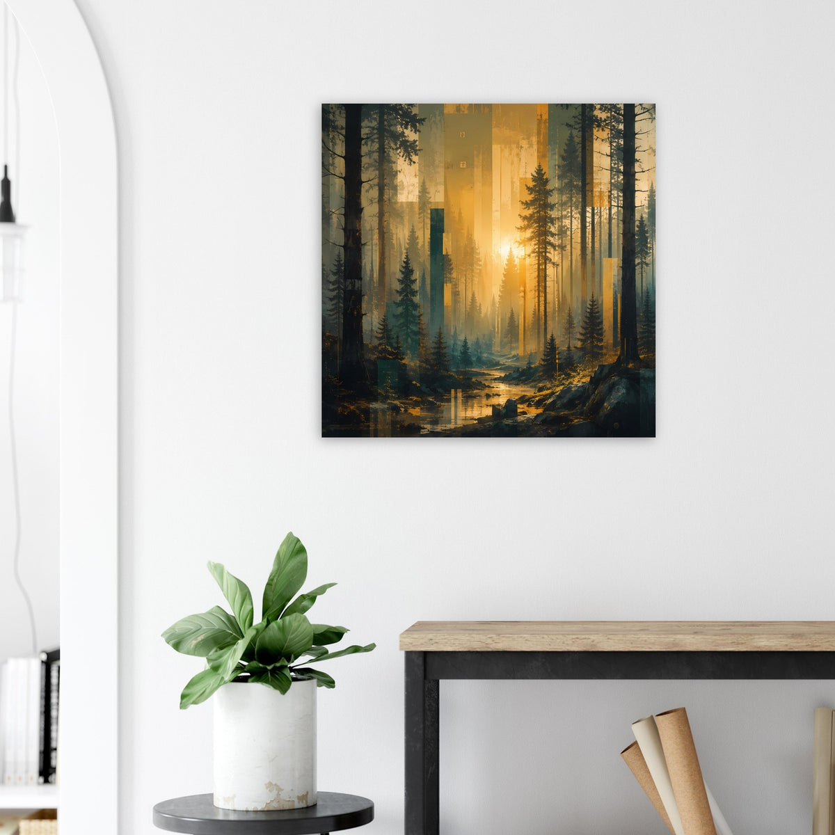 Wald-Landschaftsposter mit Sonnenaufgang und Pfad im Vordergrund, quadratisch