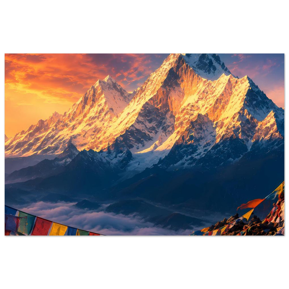 Breites Poster im Panoramaformat mit Sonnenaufgang über den Bergen, unten Gebetsfahnen