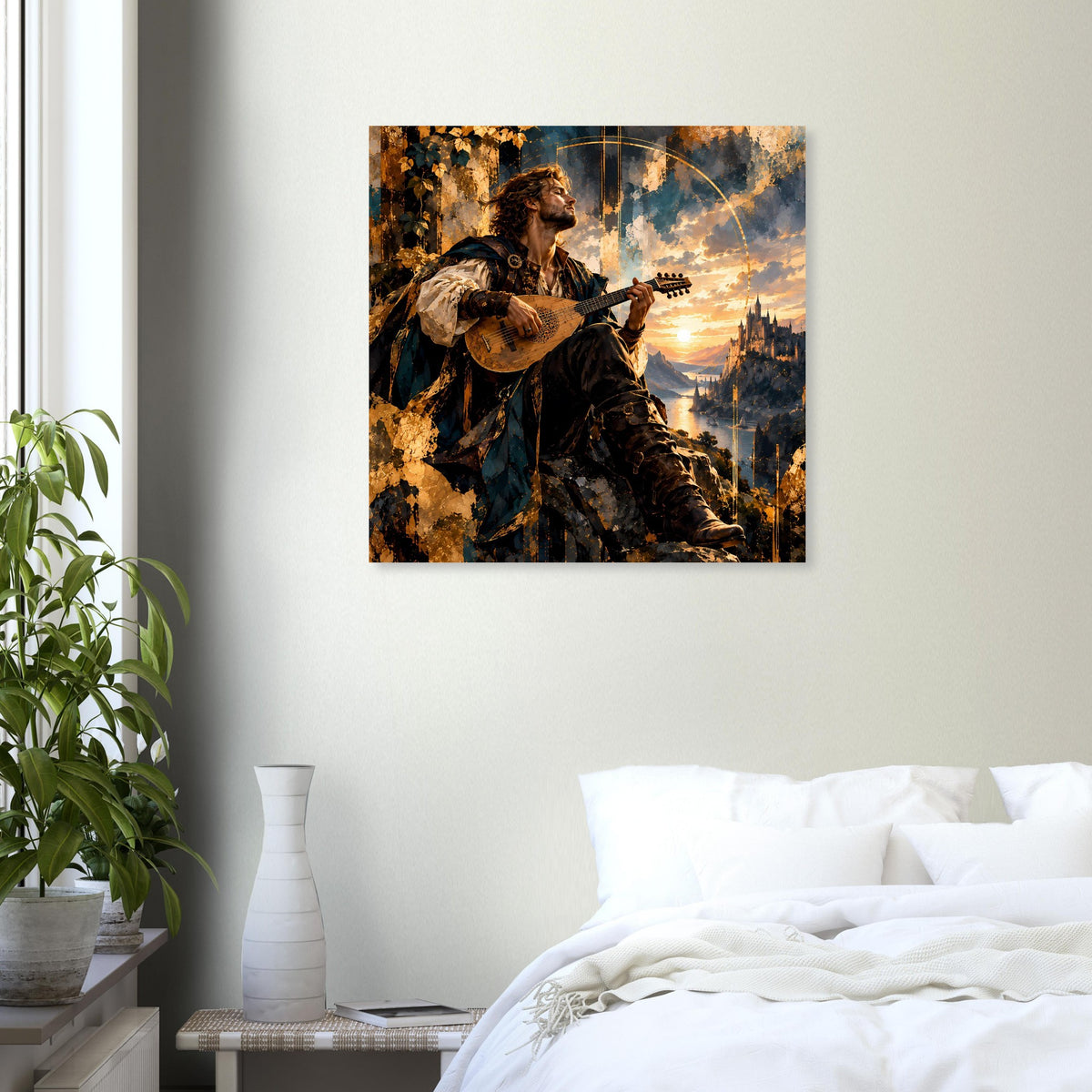 Quadratisches Poster: Barde mit Gitarre, Sonnenuntergang über Schlosslandschaft