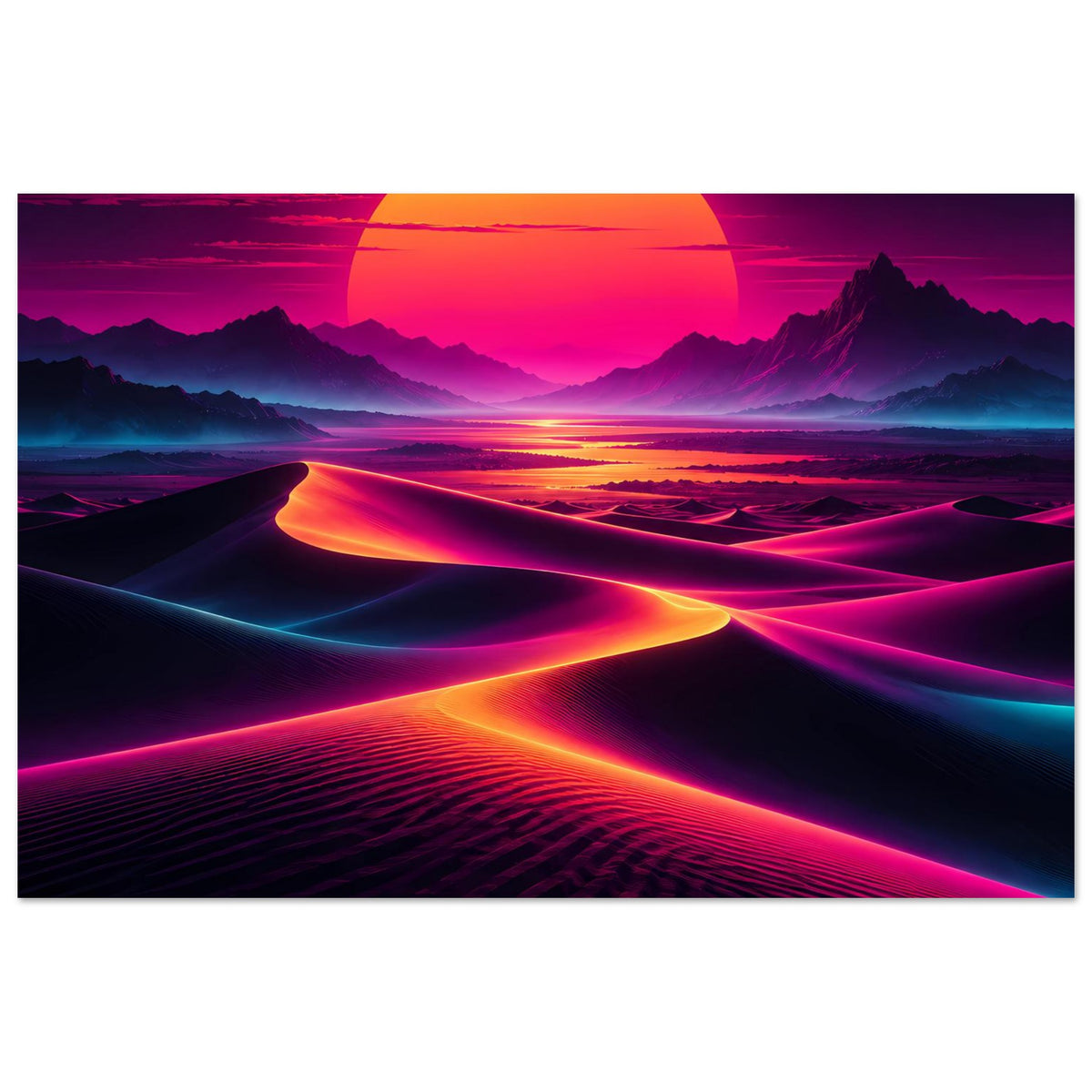 Querformat-Poster mit Neon-Sonnenuntergang: orangefarbene Sonne, Dünen und magenta-blaues Lichtband