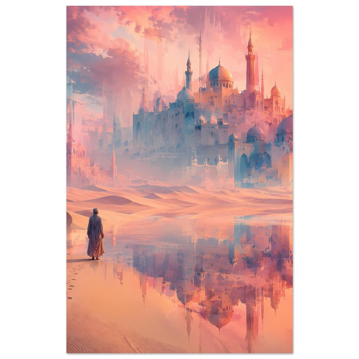 Poster mit Fantasiestadt, Sanddünen, Kuppeln und Türmen; Spiegelung über Wasserfläche